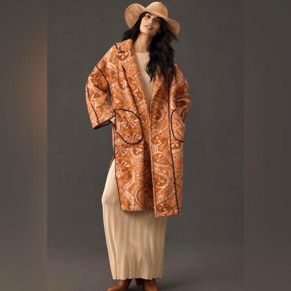 Anthropologie Kimono Coat Womens One Size Pink Fuzzy Paisley Wool Blend - Picture 1 of 15